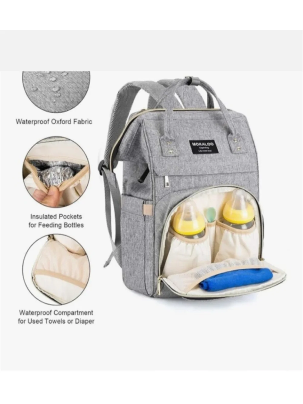 Mokaloo Diaper Backpack / Stroller Strap / USB Port Gray Travel Carry On